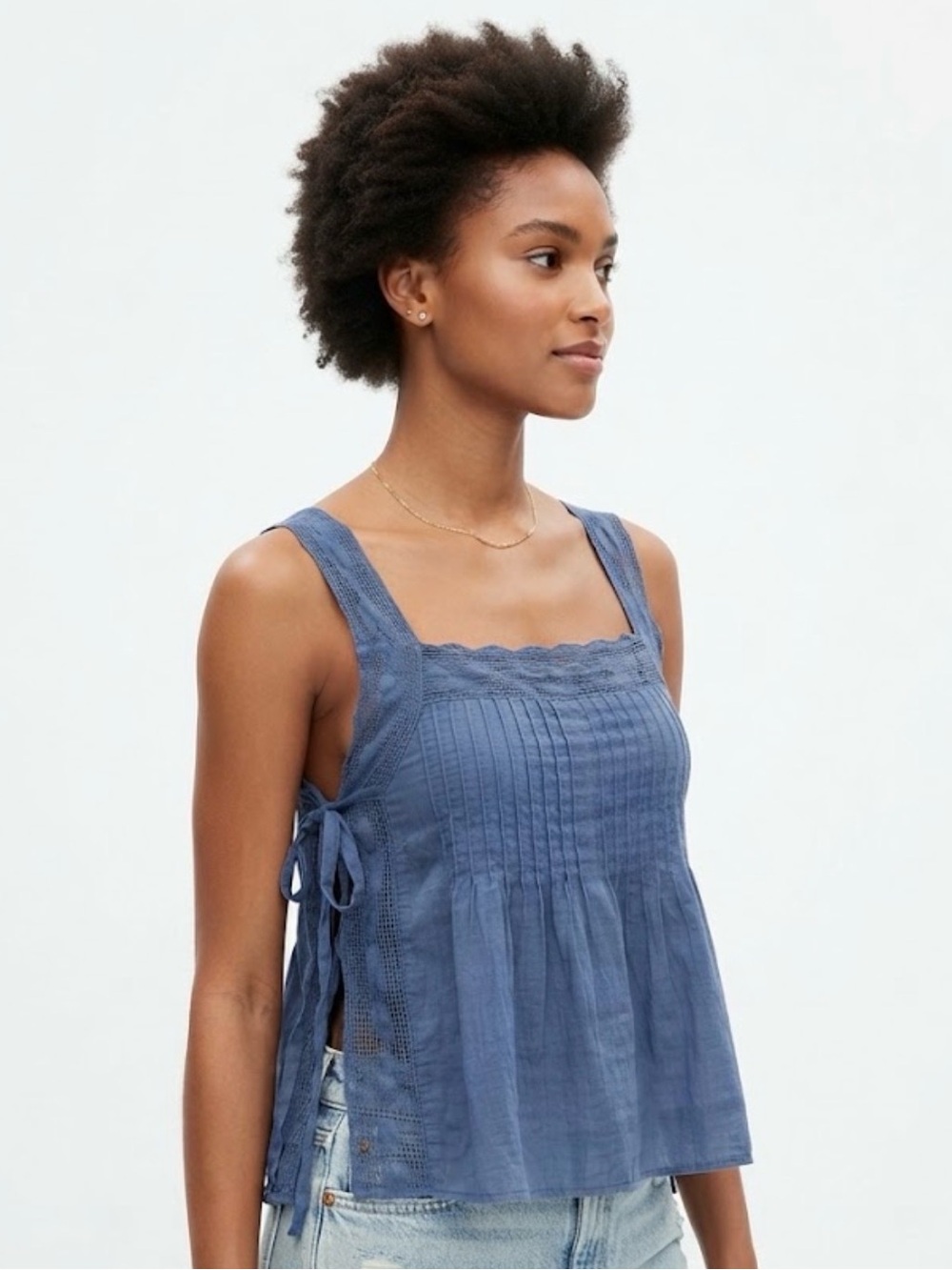 American Eagle Blue Cotton Lace Square Neck Side Tie Cami Top Medium